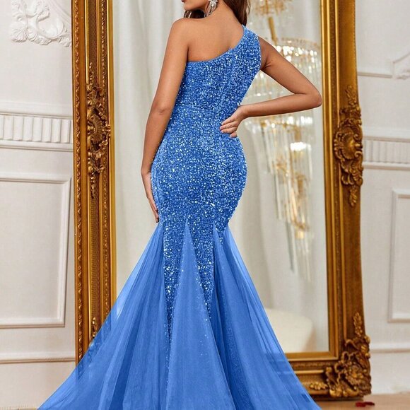 Blue Women's One Shoulder Mermaid Hem Sequin Formal Prom Evening Gown - Picture 2 of 6